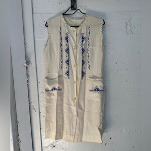 Embroidered Sleeveless Linen Tunic with Pockets